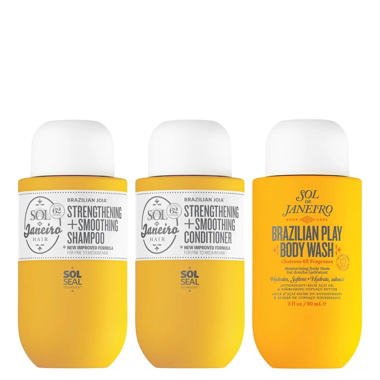 Sol de Janeiro Mini Ultimate Shower Bundle - Travel Sizes |   Brazilian Play Moisturizing Shower Cream Gel Body Wash + Brazilian Joia Damage Repairing Shampoo and Conditioner Set