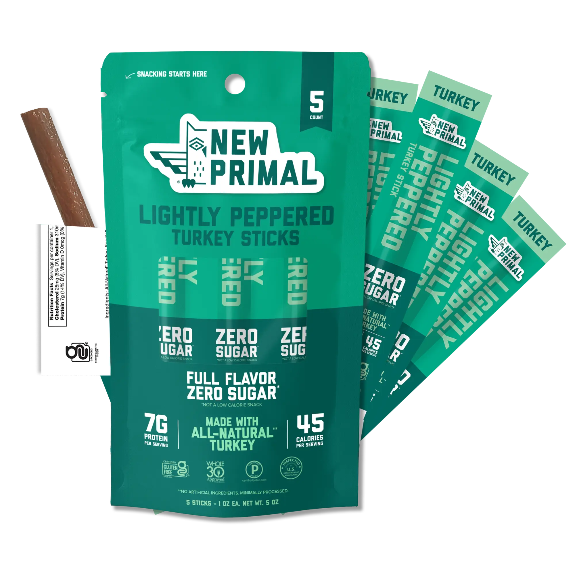 New Primal Lightly Peppered Turkey Sticks High Protein Keto Snack 2026 Must-Have 5ct Pack Zero Sugar Gluten Free Healthy Paleo Whole30 Treats