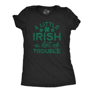 Womens A Little Irish A Lot Of Trouble T Shirt Funny Saint Patrick's Day Parade Graphic Novelty Tee for Ladies Funny Womens T Shirts Cute Vintage Fashion Casual Ladies T-Shirt Gift Saint Patrick's Day Tops for Black