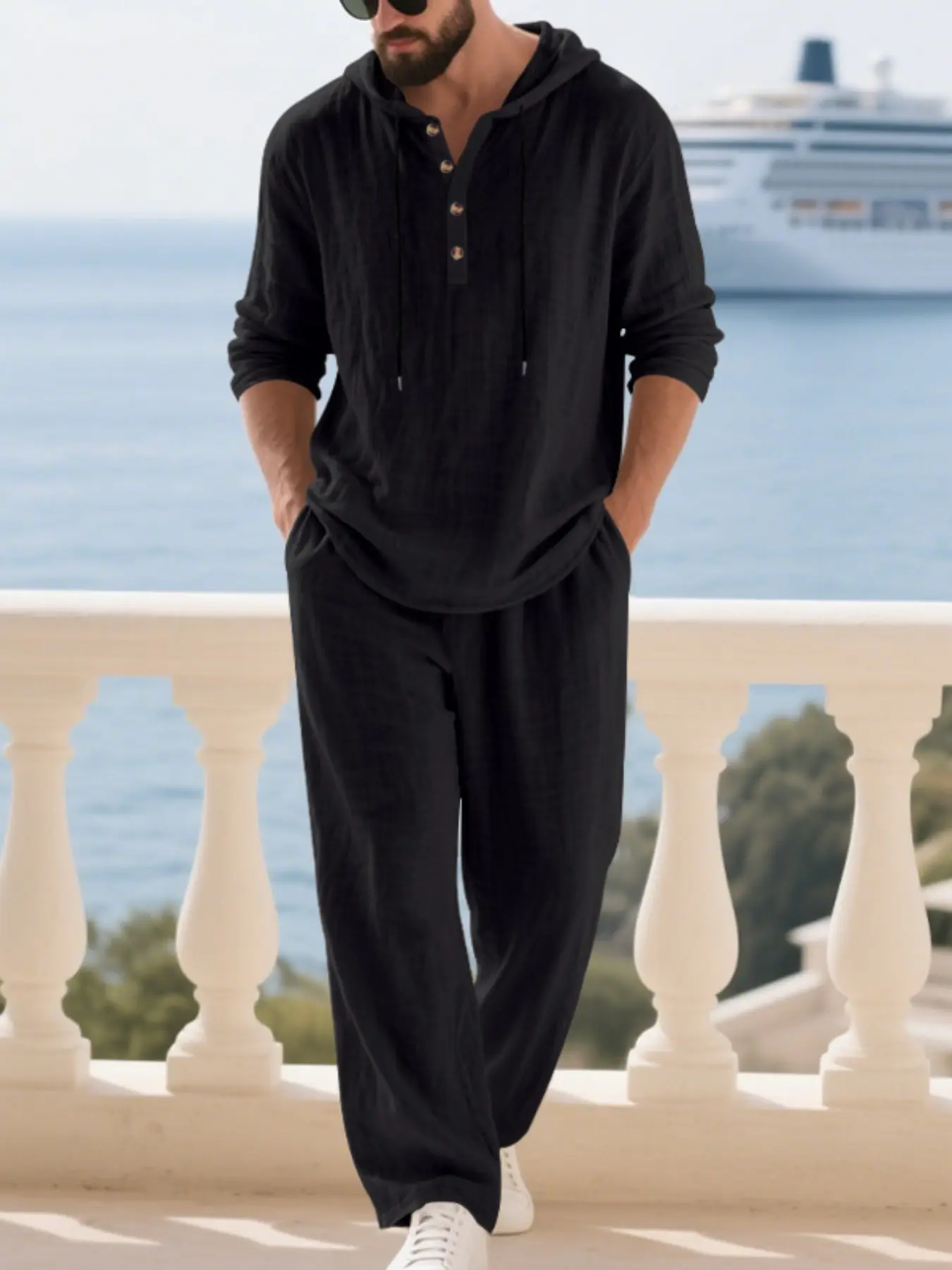 Men's Casual Linen 2-Piece Set, High-Quality Hooded Long Sleeve Pantsuit, Beach Button Shirt & Fashion Loose Baggy Pants, Summer Wear, Solid Linen Set