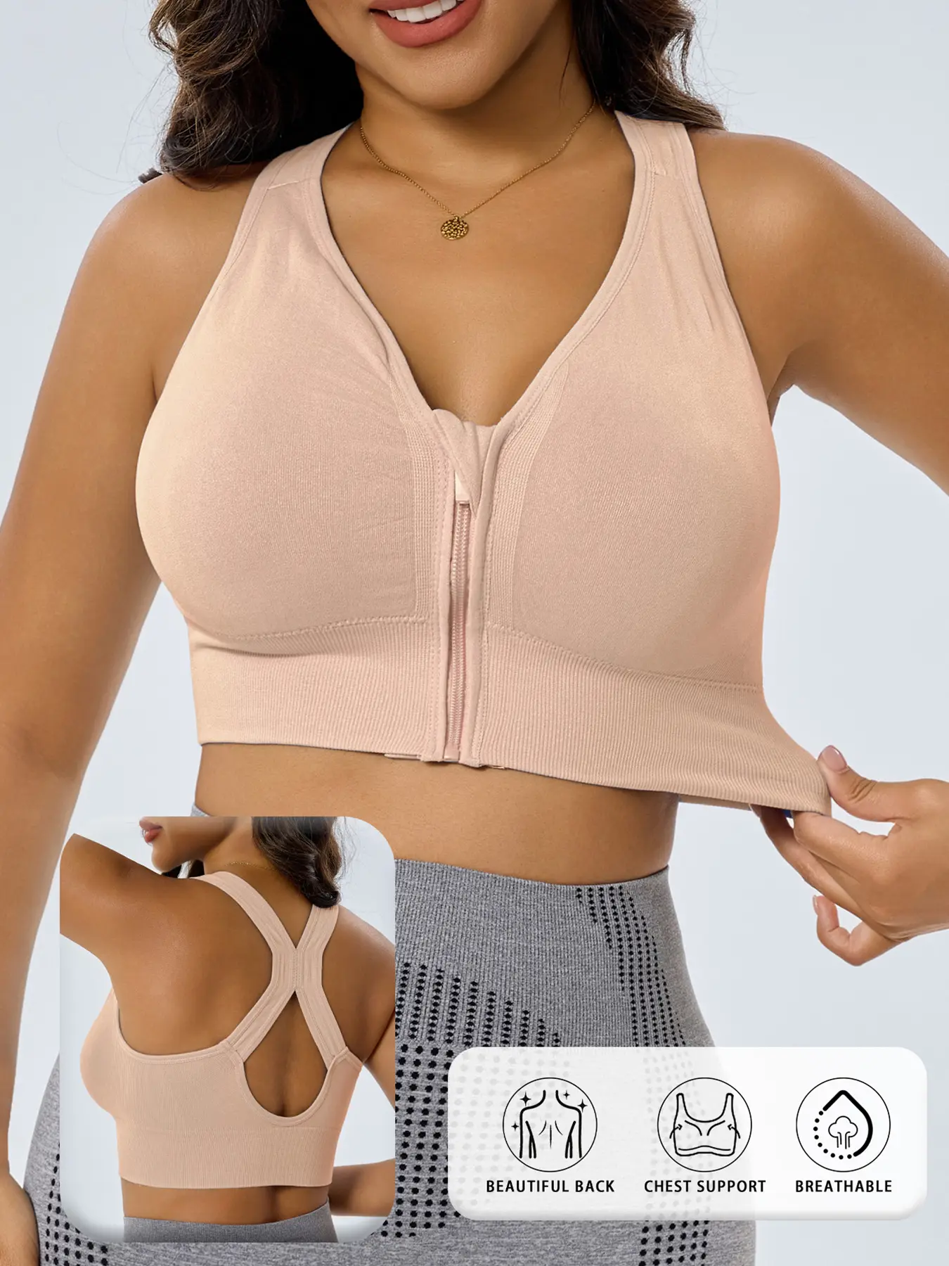 Women's Front Zipper Racerback Wireless Bra - Seamless Breathable High Support Post-Surgery Bra for Plus Size