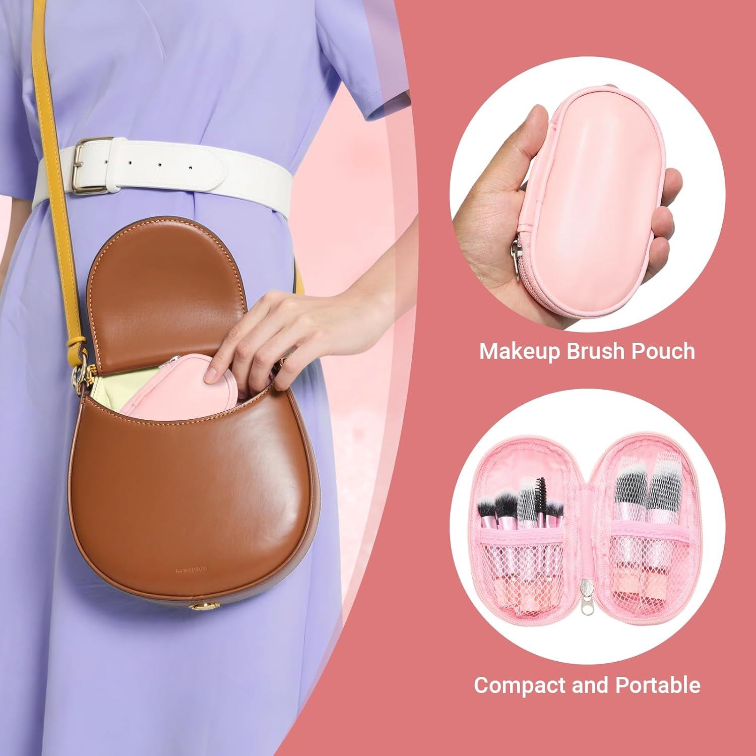 10 Pcs Mini Travel Makeup Brush Set with Pouch, Foundation, Eyeshadow, Blush, Highlighter, Angled Brow & Mascara Brushes - Soft Synthetic Fiber Brushes for On-The-Go & Daily Makeup