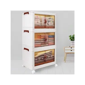 3 Pack Storage Bins With Lids, Portable Closets Folding Storage Box With Doors And Wheels, Collapsible Plastic Storage Bins For Closets, Stackable Storage Organizer, Storage Containers For Closet