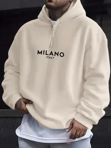 Unisex Milano Letter Print Hoodie, Street Style Half-Zip Sweatshirt, Fall & Winter Casual Wear, High-Quality Men's Gift, Casual Fashion Sweatshirt