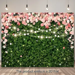 1PC,2D Flat Cross - border Exclusive Simulation Green Plant Flower Wall Backdrop, Romantic Pink and White Rose with Green Leaves Theme, Wedding Party Photography Decorative Curtain, Birthday Photo