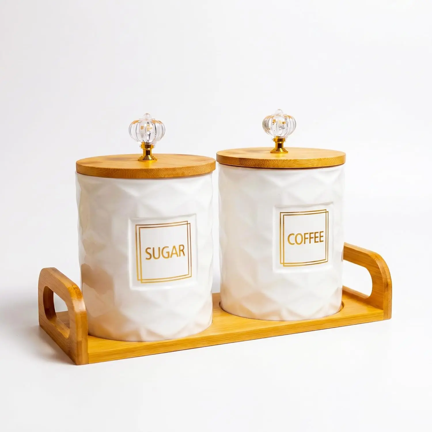 Set of 2 Ceramic Canister for Sugar Coffee with Tray, White Food Storage Jars with Wood Airtight Lids, Storage Containers for Kitchen Counter, Coffee Station, 23oz
