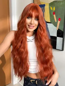 28 Inch Orange Long Curly Wigs for Women, Gorgeous Fluffy Wigs with Bangs, Synthetic Soft Hair Full Machine Wigs for Party, Daily Use