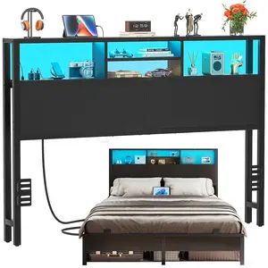 Cyclysio Headboard for Queen Size Bed with Storage Shelves,Height Adjustable Headboards with Power Outlets and RGB LED Lights