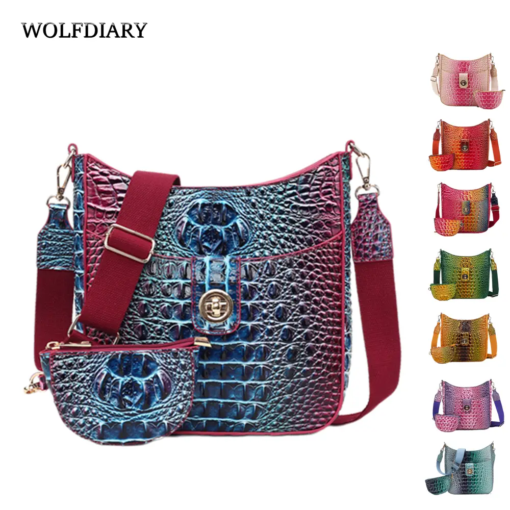 Elegant women's crossbody bag, stylish colorful crocodile print crossbody bag, wide strap detachable two-piece women's bag, secure zipper bag with coi