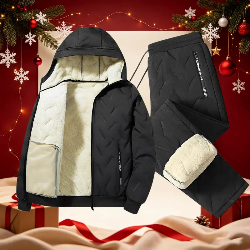 Men's 2-Piece Fleece-Lined Quilted Winter Clothing Set - Sport Casual, Plain Polyester, Long-Sleeve Slim-Fit Hooded, Windproof, Elastic Waist, All-Day Warmth, for Morning Walks, Daily Commuting