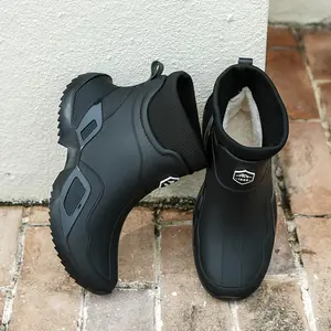 Unisex warm winter fleece-lined rain boots — non-slip high-quality PVC, adjustable straps, cushioned soles; suitable for fishing, kitchen, outdoor — black; kitchen shoes | secure-fit boots | adjustable strap shoes