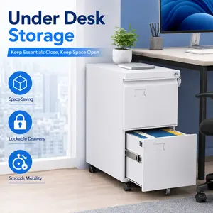 White 2-Drawer Mobile Vertical File Cabinet with Lock, Metal Under-Desk Office Storage with Full Extension Drawers, 360° Locking Wheels, Anti-Tilt Casters for Letter, Legal, A4 Files (Home Office Use)