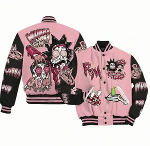 Riick And Mortyy Wubba Lubba Dub Dub Valentine Baseball Jacket, Trippy Cartoon Graphic Outerwear For Men Women, Psychedelic Art Print, Warm Winter Bomber Coat| 010125.R0009.ID00