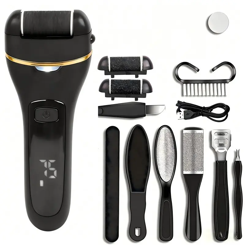 Electric Foot Exfoliator Kit, Rechargeable Pedicure Tool, Foot Callus Remover, Dead Skin Remover For Feet, 3 Rollers, 2 Speeds, Battery Display, Removes Dry Heels, Calluses, Dead Skin