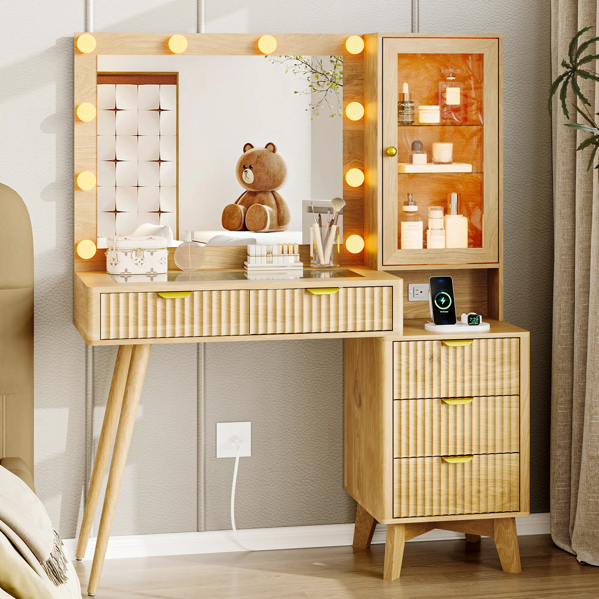 Vanity Desk with Mirror and Lights, 45" Fluted Makeup Vanity with 5 Drawers & Glass Top, RGB Lighted Vanity Table with Power Outlet & Storage Cabinet, Modern Dressing Table for Bedroom fathers day gift ideas