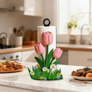 A Beautiful Pink Tulip-Shaped Kitchen Paper Towel Holder, An Elegant And Beautiful Tabletop Roll Paper Holder For Storage, Paper Towels Not Included, Cloth Storage Rack, Suitable For Kitchen, Dining Room, A Warm Valentine'S Day Decorative Piece