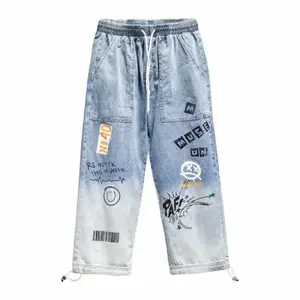 Kyn Apparel Korean Clothing  Men Letter Printed Jeans High Waisted Baggy Jeans Cartoon Graffiti Hip-Hop Pants Blue Jeans