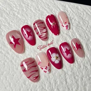 Berry Star Handmade Press-On Nails, Diy Nail Art | Short Almond Shape, 10pcs | Burgundy Nude Pink Color Block + Star Graffiti + 3D Flower | High Gloss Finish | Reusable DIY Nail Kit for Spring/Summer Festival | Y2K Edgy Aesthetic Look