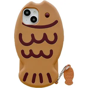 Soft Silicone Case Compatible with iPhone 17,Cute 3D Cartoon Taiyaki Phone Case 3D Funny Fish with Keychain Phone Case for Women Girls Shockproof Cover for iPhone 17