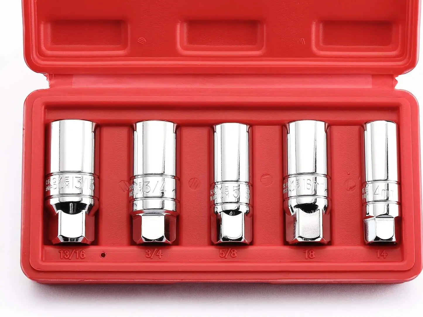 3/8-Inch Drive Spark Plug Socket Set, SAE & Metric, CR-V Steel Mirror finish, 6-Point, 5/8-Inch, 3/4-Inch, 13/16-Inch, 14mm, 18mm, 5-Piece Set