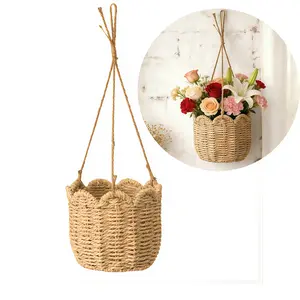 Handwoven Seagrass Hanging Basket, Boho Rope Hanging Planter, Rustic Hanging Flower Pot, Hanging Plant Hanger for Indoor Outdoor Plants, Flowers, Herbs, Succulents, Garden Patio Balcony Home Decor