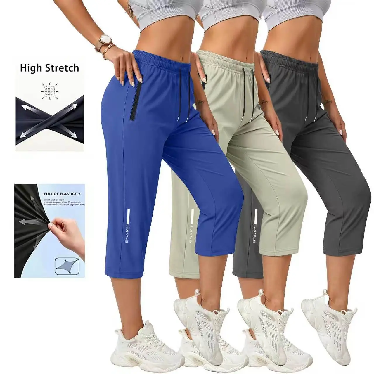New summer women’s casual athletic shorts featuring a drawstring waist and zippered pockets; lightweight for summer, suitable for sports/fitness and everyday casual wear.