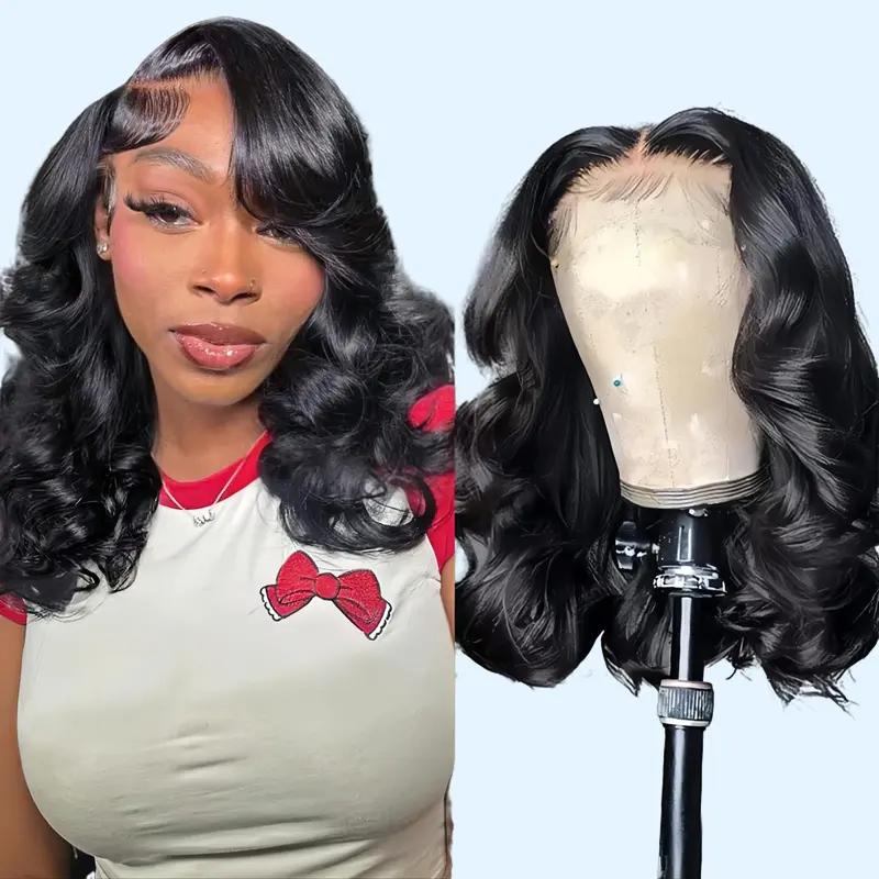 Summervibes UF 13x6 Lace Front Human Hair Bob Wig, 16in HD Glueless Short Wig for Women, 180% Density Pre-Plucked Line Body Wave, Natural Black (Back To School, Virgin Hair), Human Hair Wigs