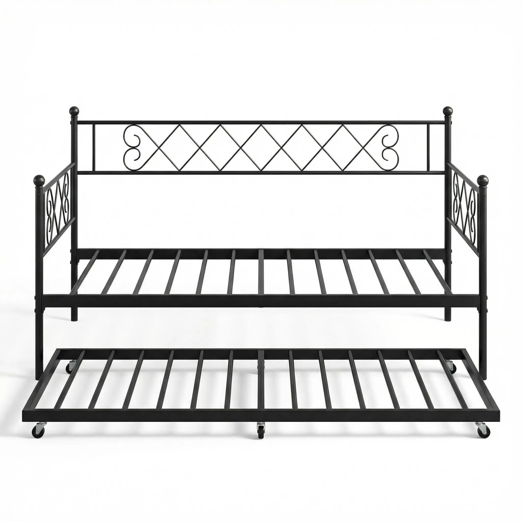 Garvee Modern Single Metal Daybed with Pull Out Trundle & Rectangular Frame, Heart-Shaped Headboard, Sturdy Steel Slat Support, 78.8"l x 41.6"w x 37.2"h, Space-Saving Pull Out Bed for Living Room, Easy Setup, Black, Assembly Required