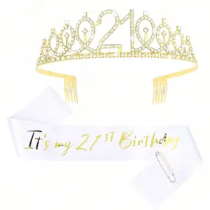 21st birthday sash and crown set in silver, gold, and rose gold; 21st birthday decorations; a 21st birthday gift for her; a sash in rose pink, gold, and white foil that reads "This is my 21st birthday."