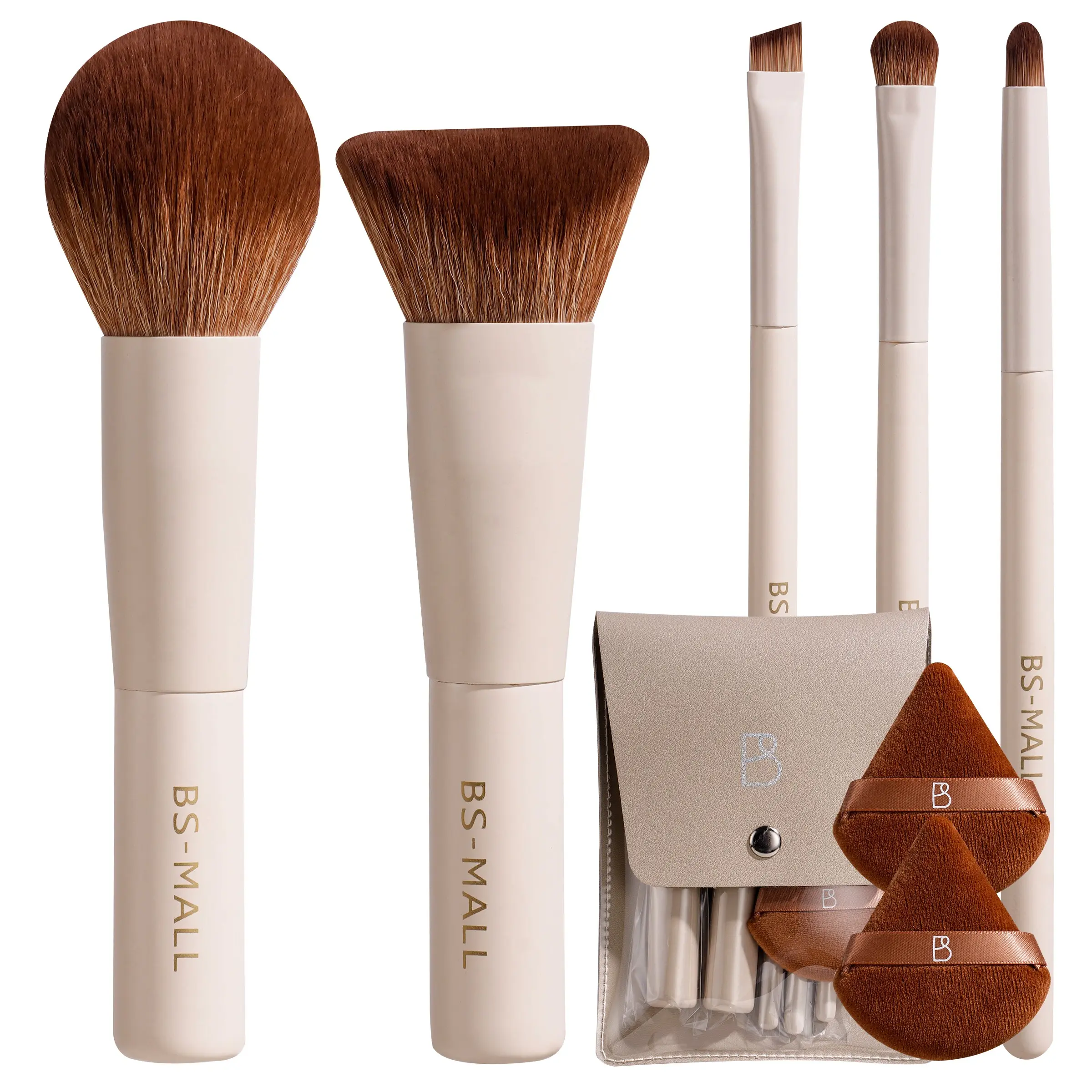 7PCS Makeup Brush Set, Includes Foundation Brush, Loose Powder Brush, Eyeshadow Brush, 2 Triangle Velour Puff, Portable Makeup Tools with Storage Bag