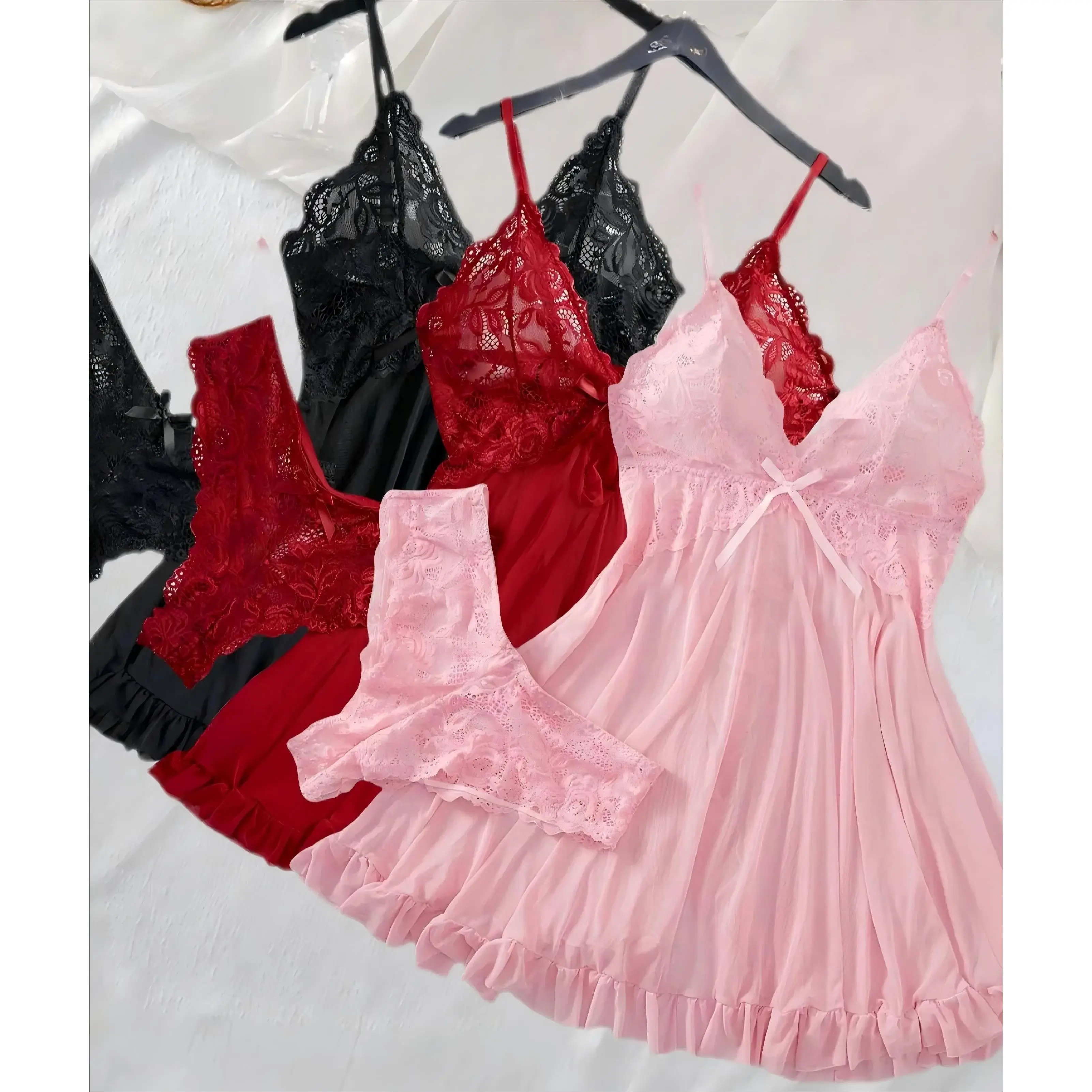 V-Neck Sexy Contrast Lace Mesh Chemise Babydoll Lingerie Set Sleepdress  Set, Polyester Slip Dress Nightwear,