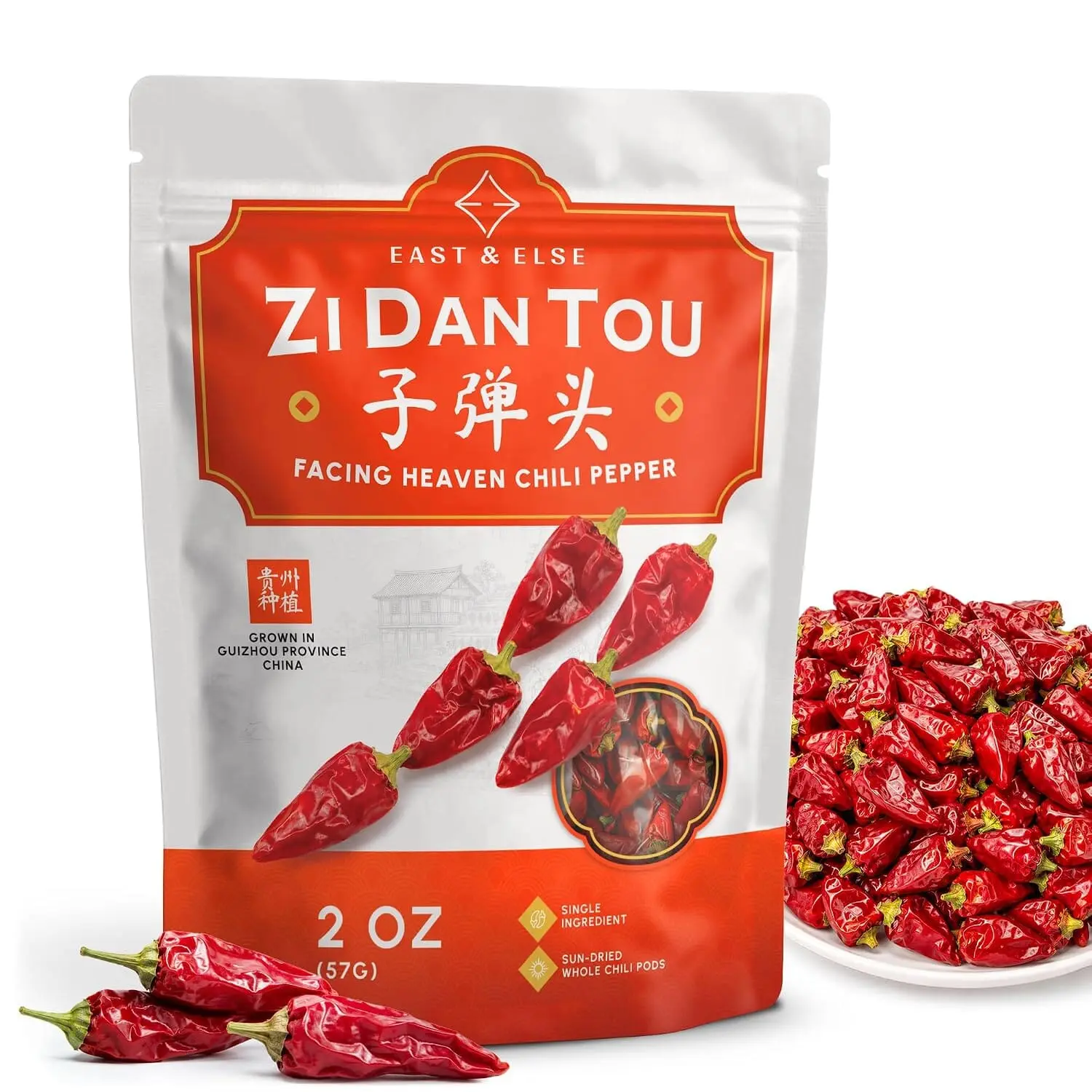 East & Else Facing Heaven Zi Dan Tou Dried Peppers, Sichuan Chili | Authentic Whole Dried Red Chili Pepper Pods from Guizhou Province, Medium Heat For Chili Crisp, Kung Pao & Szechuan Hot Pot