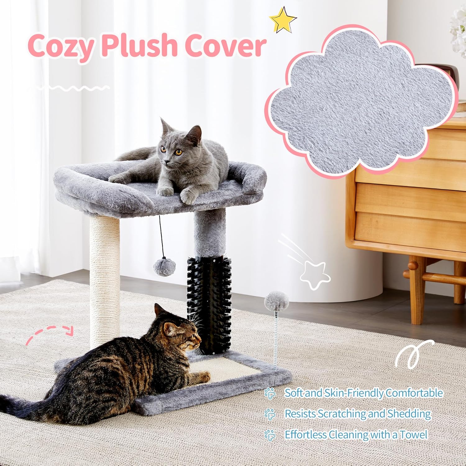 Cat Scratching Post with Grooming Brush, Sisal Cat Tree, Interactive Cat Activity Furniture for Indoor Cats