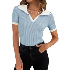 ZESICA Women's Short Sleeve V Neck T Shirts 2026 Summer Ribbed Knit Slim Fitted Basic Solid Color Tee Tops