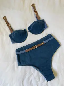2026 New Women’s High-Waist Two-Piece Bikini Set, Fashionable Sexy Denim Style Swimsuit with Belt, Casual Vacation Beachwear for Pool Parties