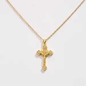 Gold Cross Necklace with Diamond Accents - Elegant Religious Jewelry for Women
