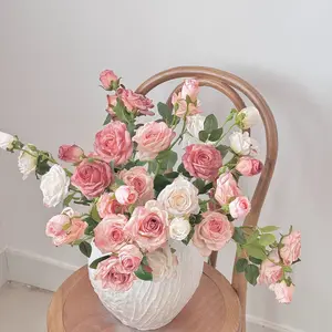 Vintage Burnt Edge 3-Head Rose Oil Painting Style Artificial Flowers Dried Flowers Handheld Bouquet Fake Flowers Decoration Photo Props