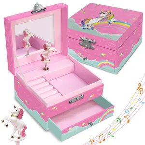 Unicorn Musical Jewelry Box for Wommens, Sparkling Rainbow Design Music Box with 1 Pullout Drawers to Store Earrings, Necklace and Bracelets, Jewelry Organizer, Lockable Jewelry Storage for Birthday Christmas Gifts