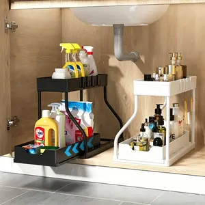 2-tier under-sink organizer with pull-out drawer, multipurpose bathroom/kitchen storage shelf, white/black space-saving sink cabinet storage rack