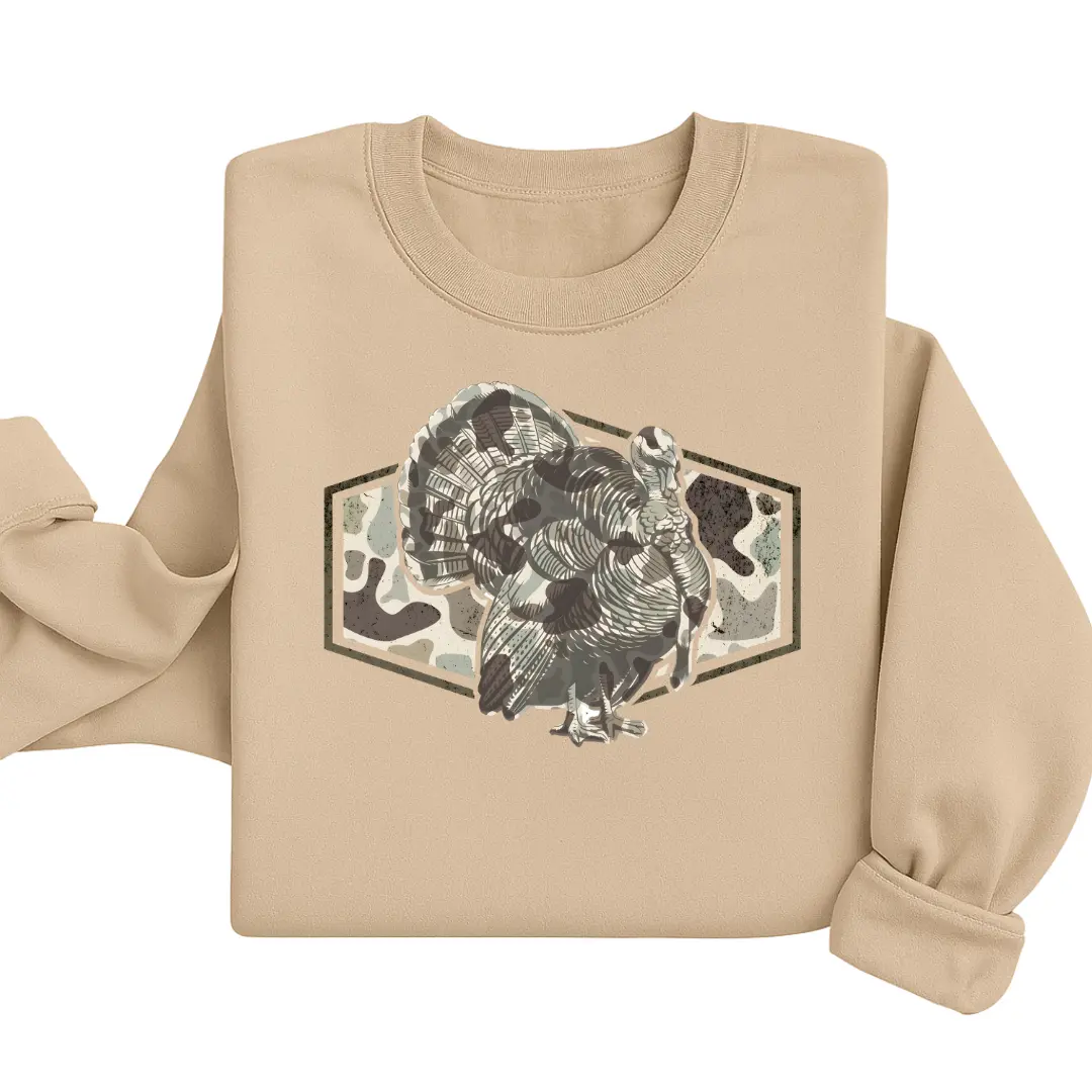 Camo Turkey Sweatshirt – Hunting Season Fall Shirt, Thanksgiving Crewneck, Country Western Style Pullover, Turkey Hunter Gift, Cozy Unisex Top. Women's Tops, Womenswear - Streetwear