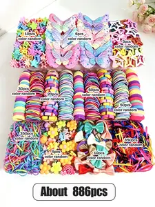 886 pcs/set - Beautiful girl hairstyle accessory set, including butterfly and flower hair clips, bow elastic hair ties, gentle on the scalp, suitable for daily wear, birthdays, holiday gifts, hairstyle creativity, Flower hair accessories