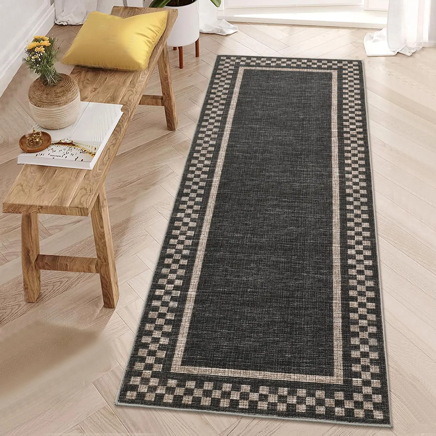 GARVEE Runner Rug 2x6 for Kitchen Non Slip Washable Hallway Runner Rugs Modern Bordered Bathroom Throw Mat Soft Non Shedding Checkered Runners Geometric Area Rug for Bedside Living Room, Black