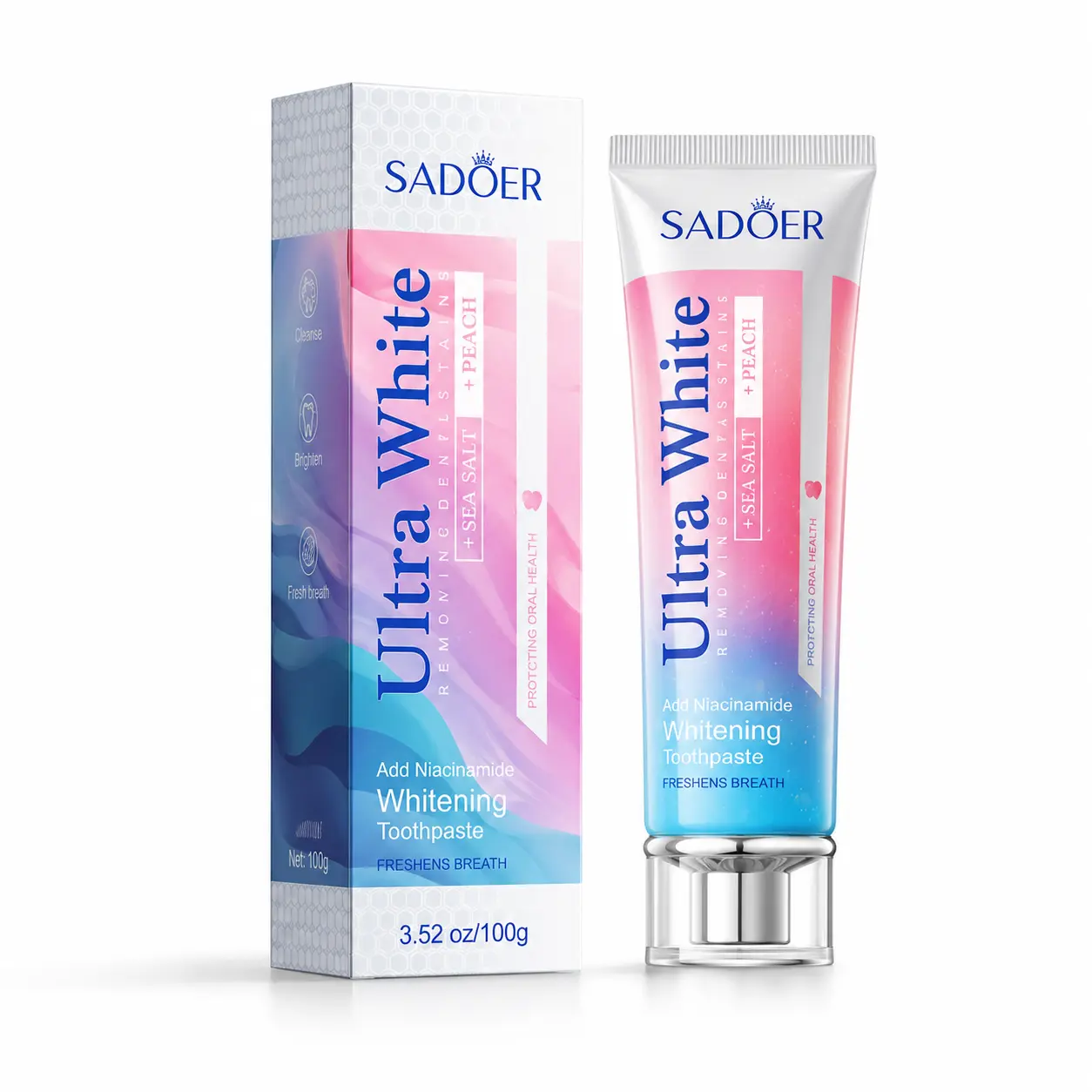Sea Salt & Peach Toothpaste for Adults, Fresh Breath Daily Oral Care Toothpaste, Refreshing Peach Flavor, Everyday Teeth Cleaning, 3.52 oz / 100g