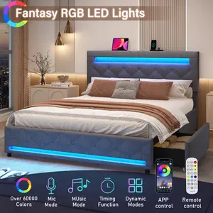 King/Queen LED Bed Frame with 4 Storage Drawers and 2 USB Ports, Modern Upholstered Button Tufted Headboard Bed Frame, Solid Wooden Slat Support, No Box Spring Needed, Dark Grey/Light Grey