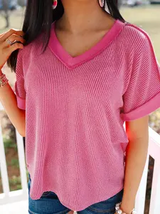 Summer Casual Loose Solid Color Twisted Rib Knit V-Neck Short Leisure T-Shirt, Comfortable and Stylish, Perfect for Daily Wear
