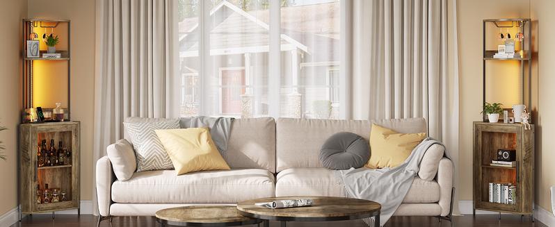 DWVO Corner Wine Cabinet with Power Outlets & LED Lights, Corner Bar Cabinet with Glass Holder, Liquor Bar Rack Cabinet for Living Room, Dining Room, Kitchen, Gray Oak