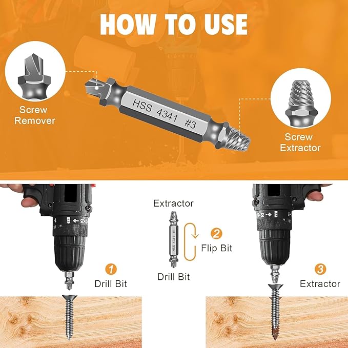 6 Pcs Damaged Screw Extractor Set, Professional Grade Stripped Screw & Broken Bolt Remover Kit with Case, Hardened Steel Easy-Out for Rusted Stuck Stripped Screws, Fits Drill & Hand Tools for DIY Automotive Plumbing Repair