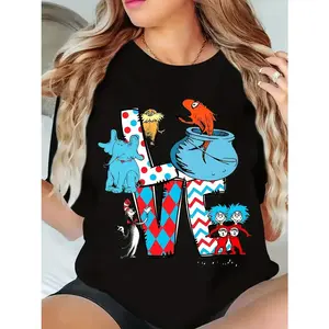Women's T-Shirt | Dr. Seuss-Inspired 'LOVE' Graphic Tee | Multi-Color Cartoon Characters & Polka Dot Design | Round Neck, Short Sleeve | Machine Washable | Ideal for Book Lovers & Teachers