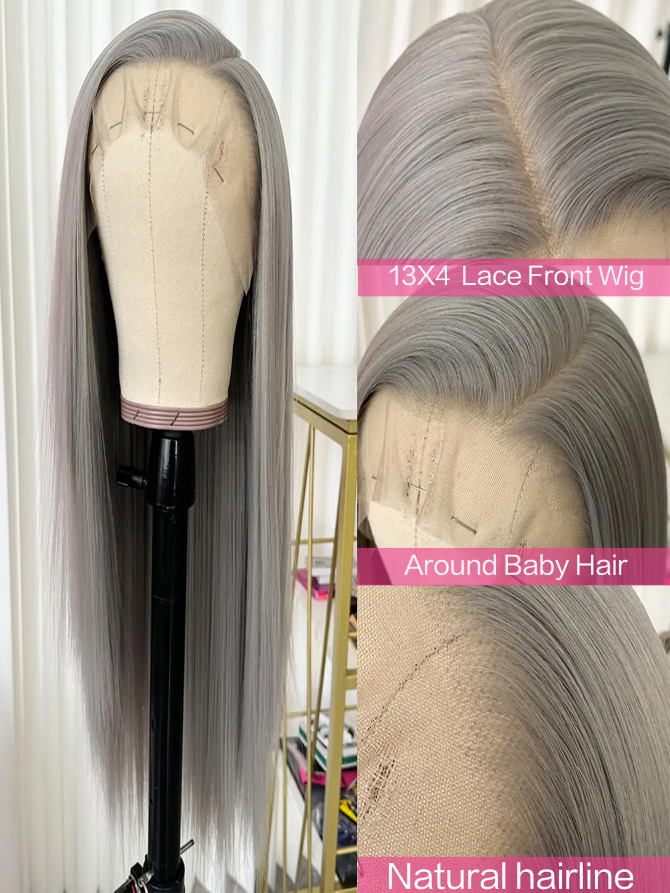 26 Inch Silver Synthetic Material Lace Front Wig, Machine Made Wig, Natural Silky Straight Wigs, Hair Straight Wig, Middle Parting, Daily Use, Party, Wedding, Halloween Costume, Synthetic Fiber Wig