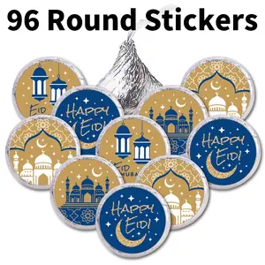 96Pcs/5sheets Ramadan Mubarak Stickers, Sticky Label, Eid Mubarak Round Chocolate Stickers Blue Gold Theme for Ramadan Envelope Gift Bag Labels, Eid Al-Fitr Party Supplies, Islamic Muslim Holiday Gift Packaging, Ramadan Celebration Labels